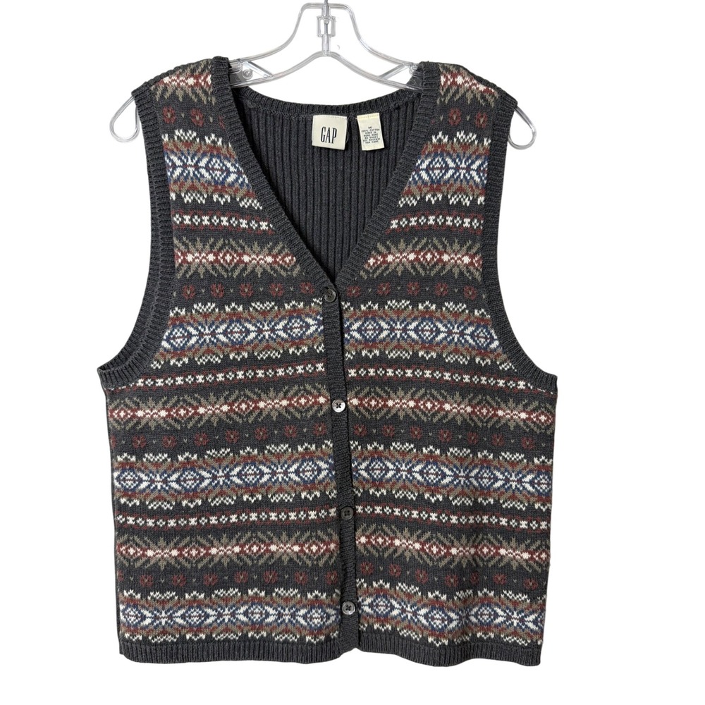 Gap Sweater Vest Womens Medium Grey Fair Isle Button Front V-Neck Cotton Cottage
